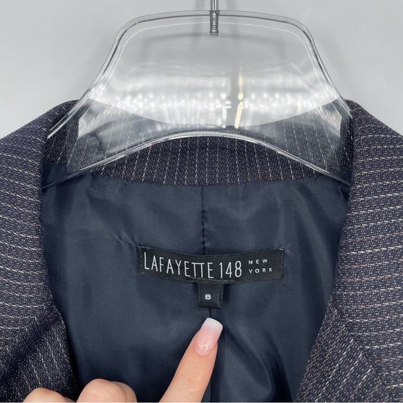 Lafayette 148 New York Gray Blue Pinstripe Wool Blazer Jacket Size 8 Metallic - Picture 2 of 7